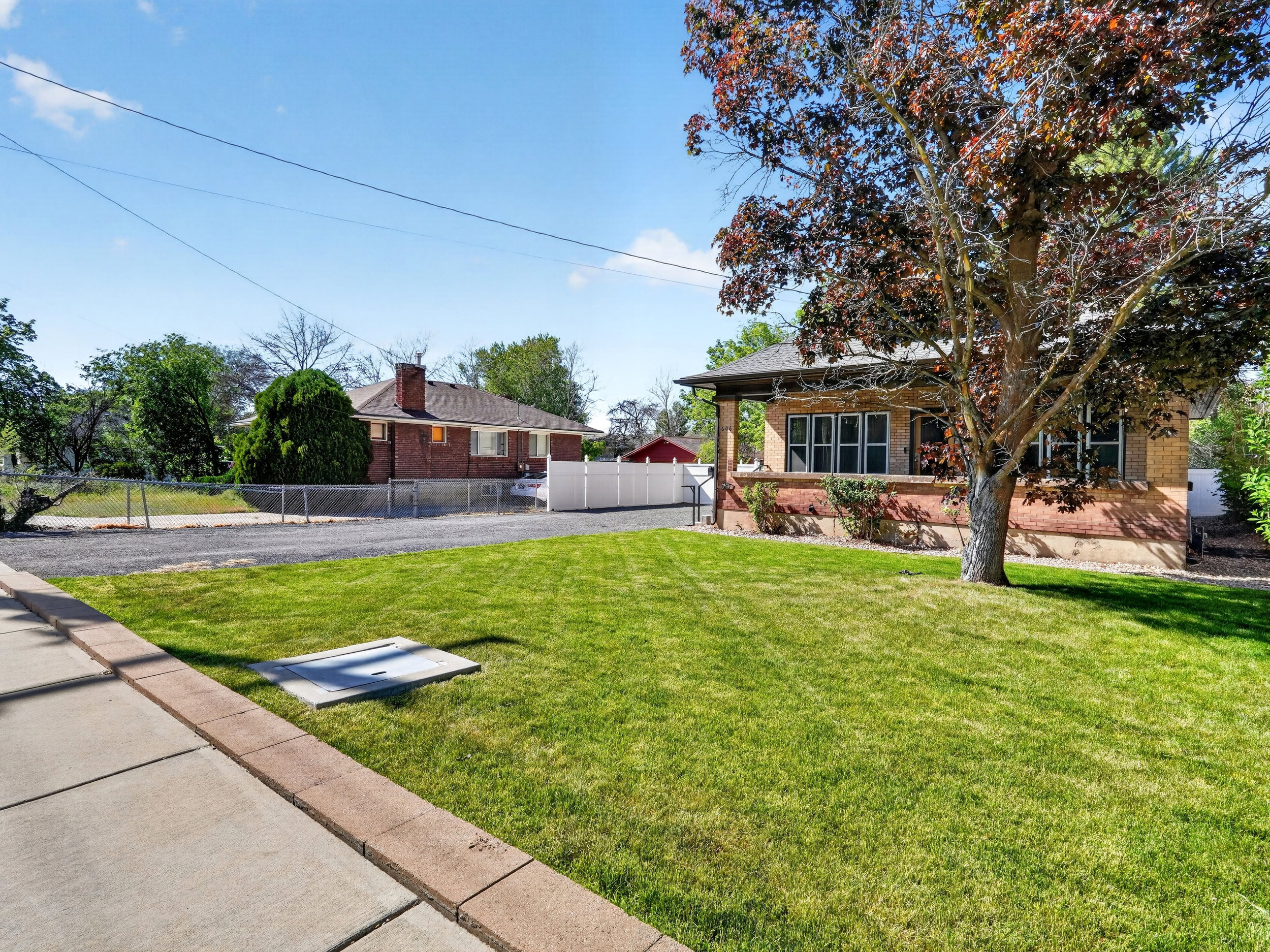 Lush green lawn with a mature tree, bordered by a concrete sidewalk and decorative pavers