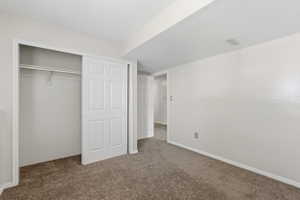 Neutral wall paint, brown carpet flooring, and white trim