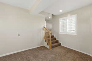 Staircase featuring wood railings and carpeted treads