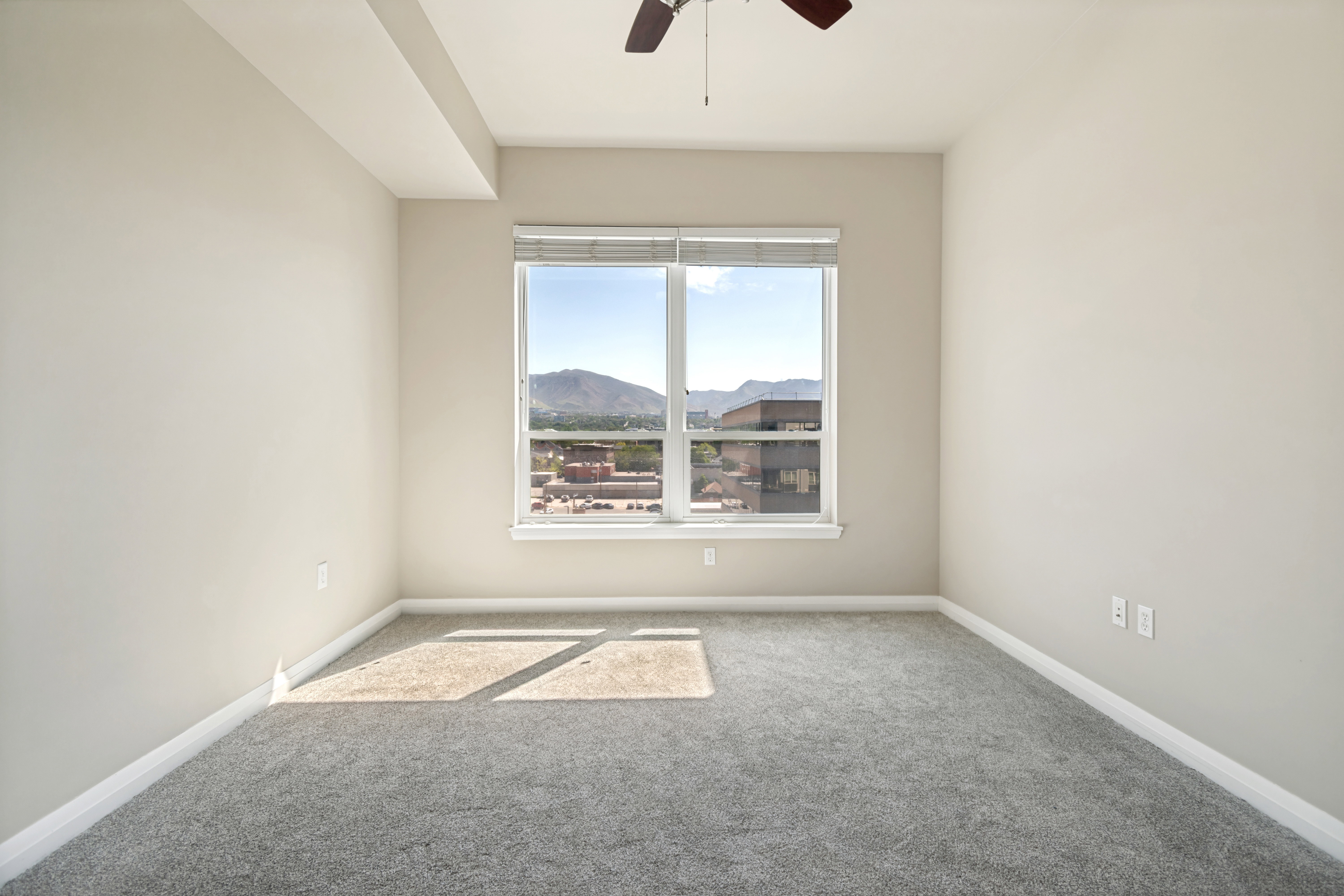 Bright interior featuring a double window with mountain scenery, neutral wall tones, grey carpeting, a ceiling fan, and white baseboards