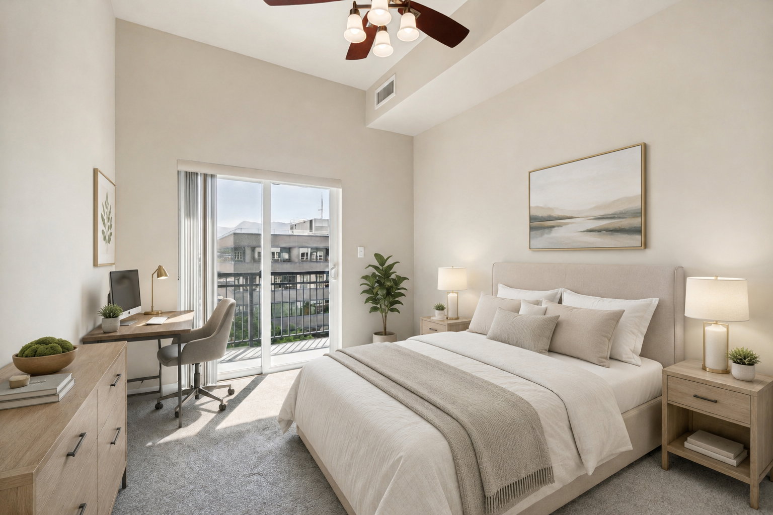 Spacious interior featuring a sliding glass door to a private balcony, high ceilings, ceiling fan with integrated lighting, recessed lighting, and soft grey carpeting