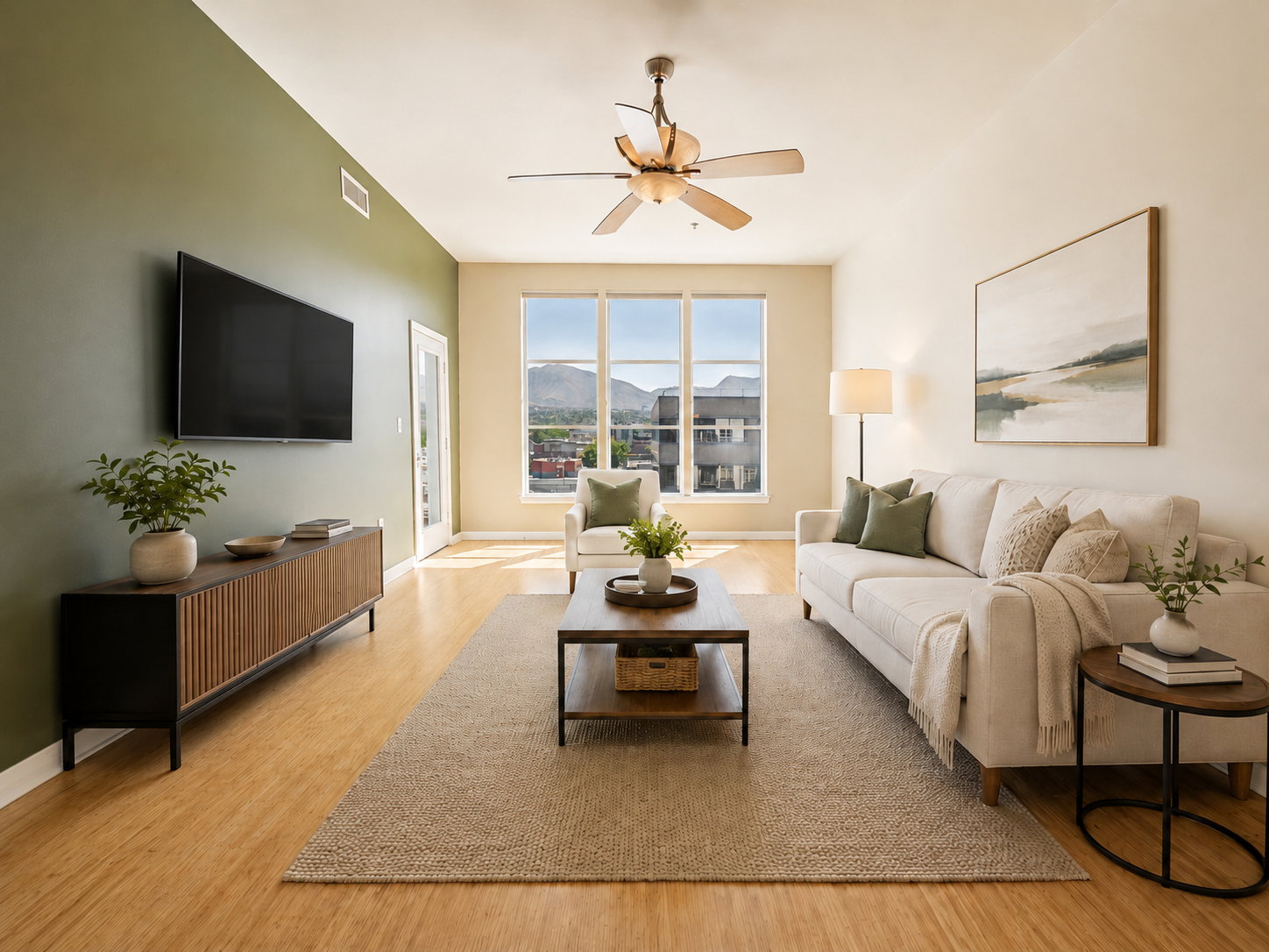 Living area featuring wood-finish flooring, a ceiling fan, and large windows