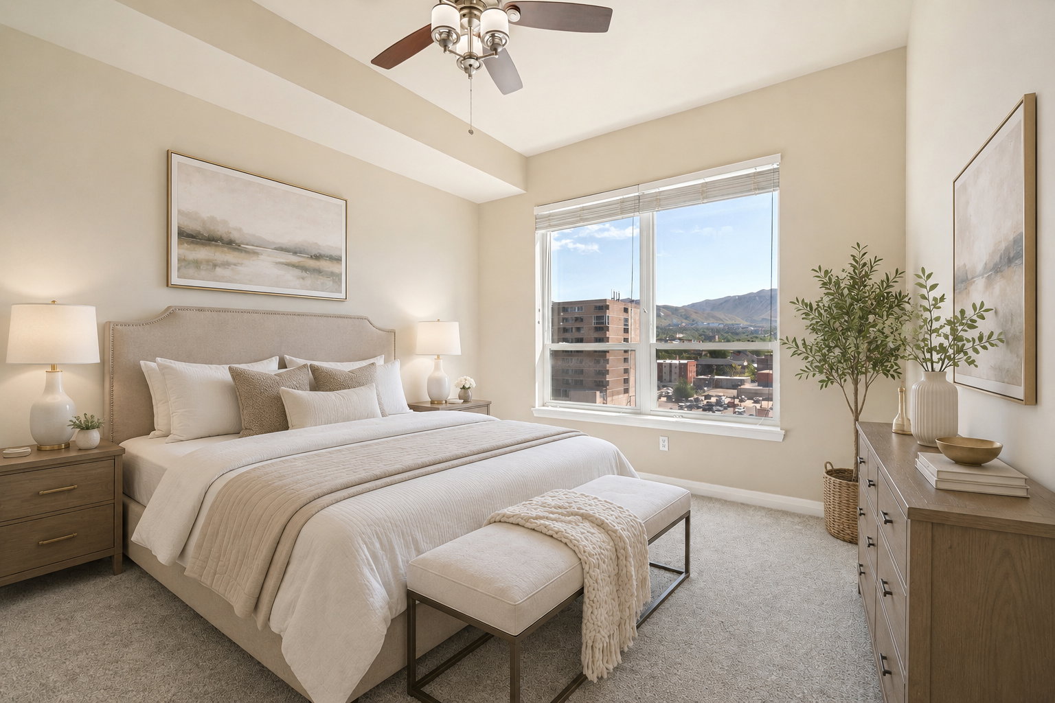 Bright room featuring a large window, light-colored walls, and a ceiling fan with integrated lighting