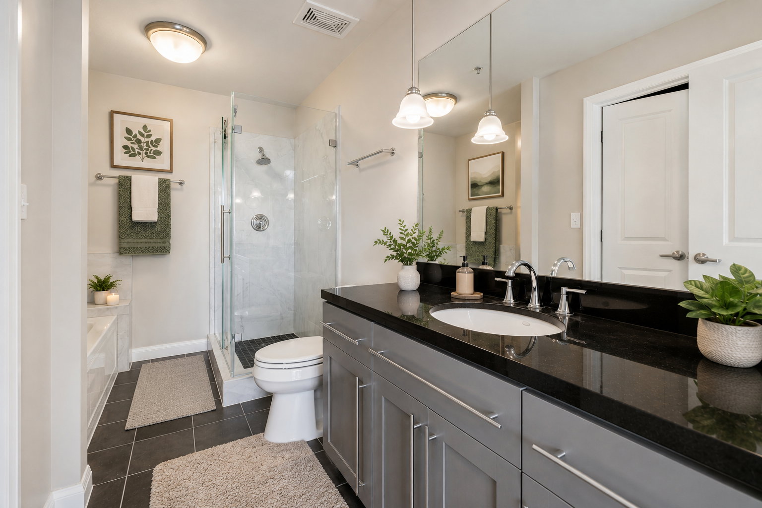 Modern bathroom featuring a single vanity with a dark countertop, an undermount sink, and chrome fixtures