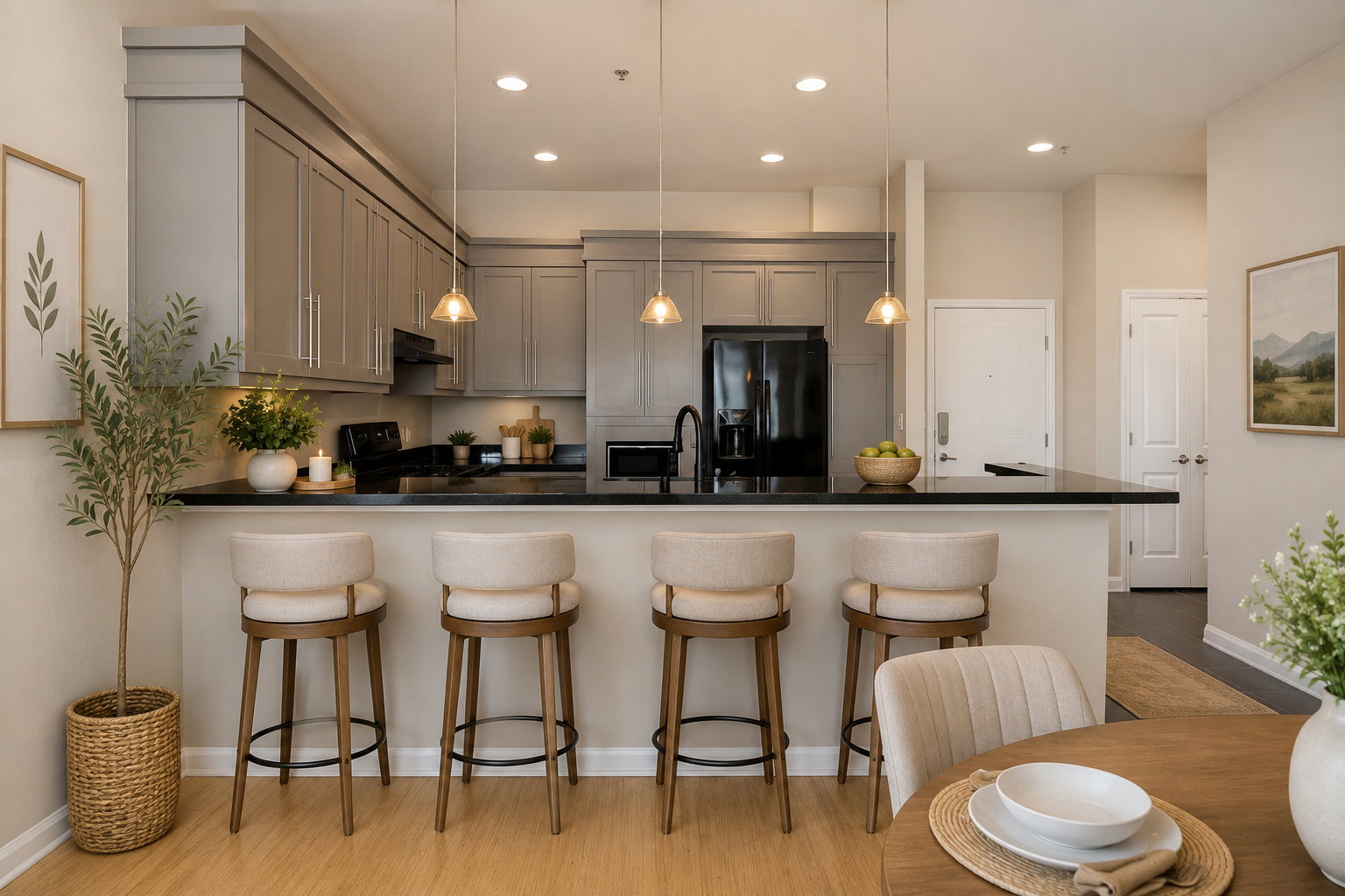 Modern kitchen featuring gray shaker-style cabinetry, black countertops, and a full suite of black appliances