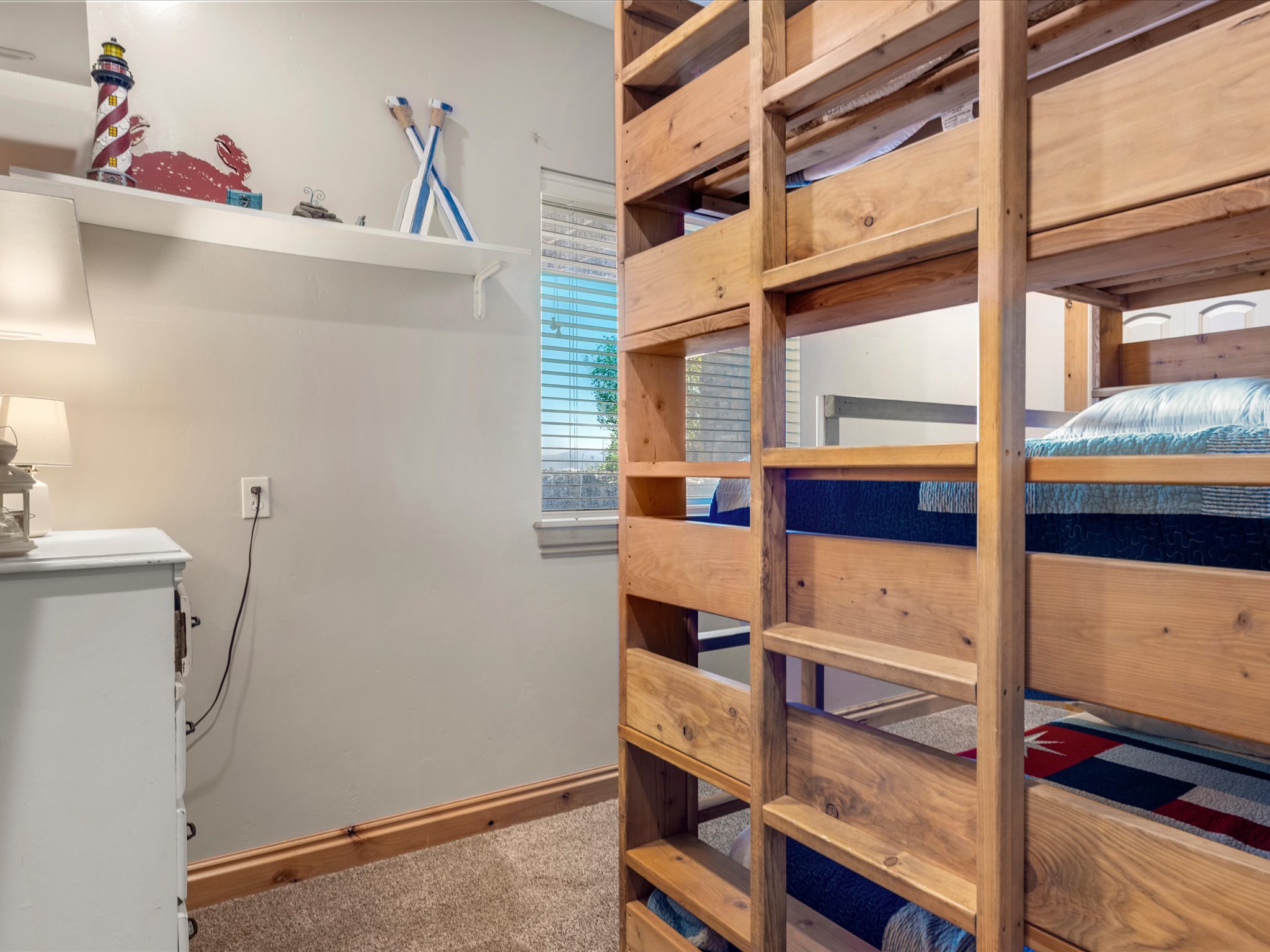 Wood-finish bunk bed system with integrated ladders