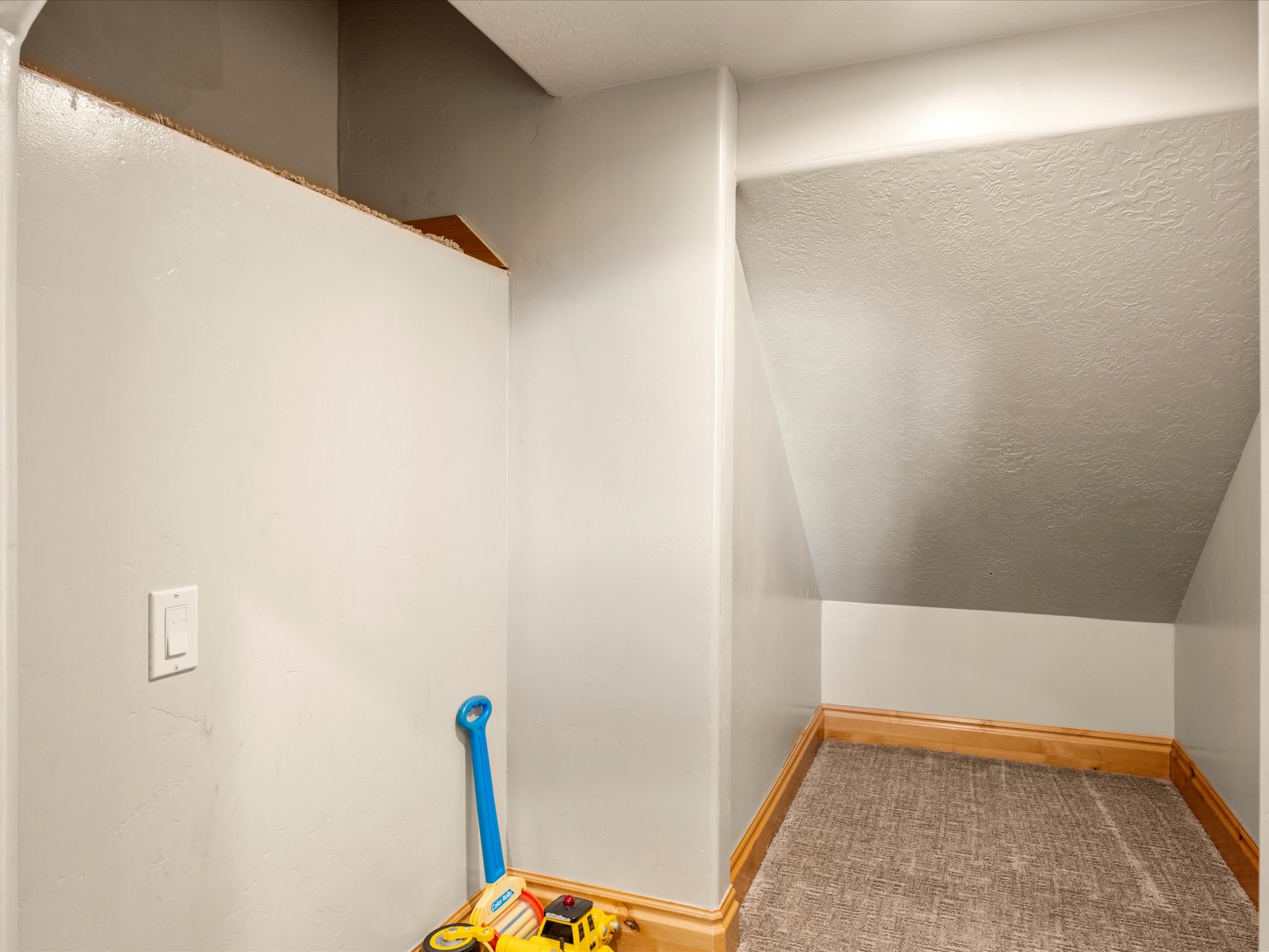 Kids cubby under stairs.  Carpeted under-stair storage area with light wood trim and painted walls