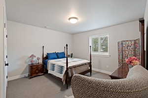 Neutral-toned room featuring a window with white plantation shutters, white baseboards, and light gray wall-to-wall carpeting