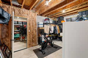Unfinished basement area featuring two large storage areas