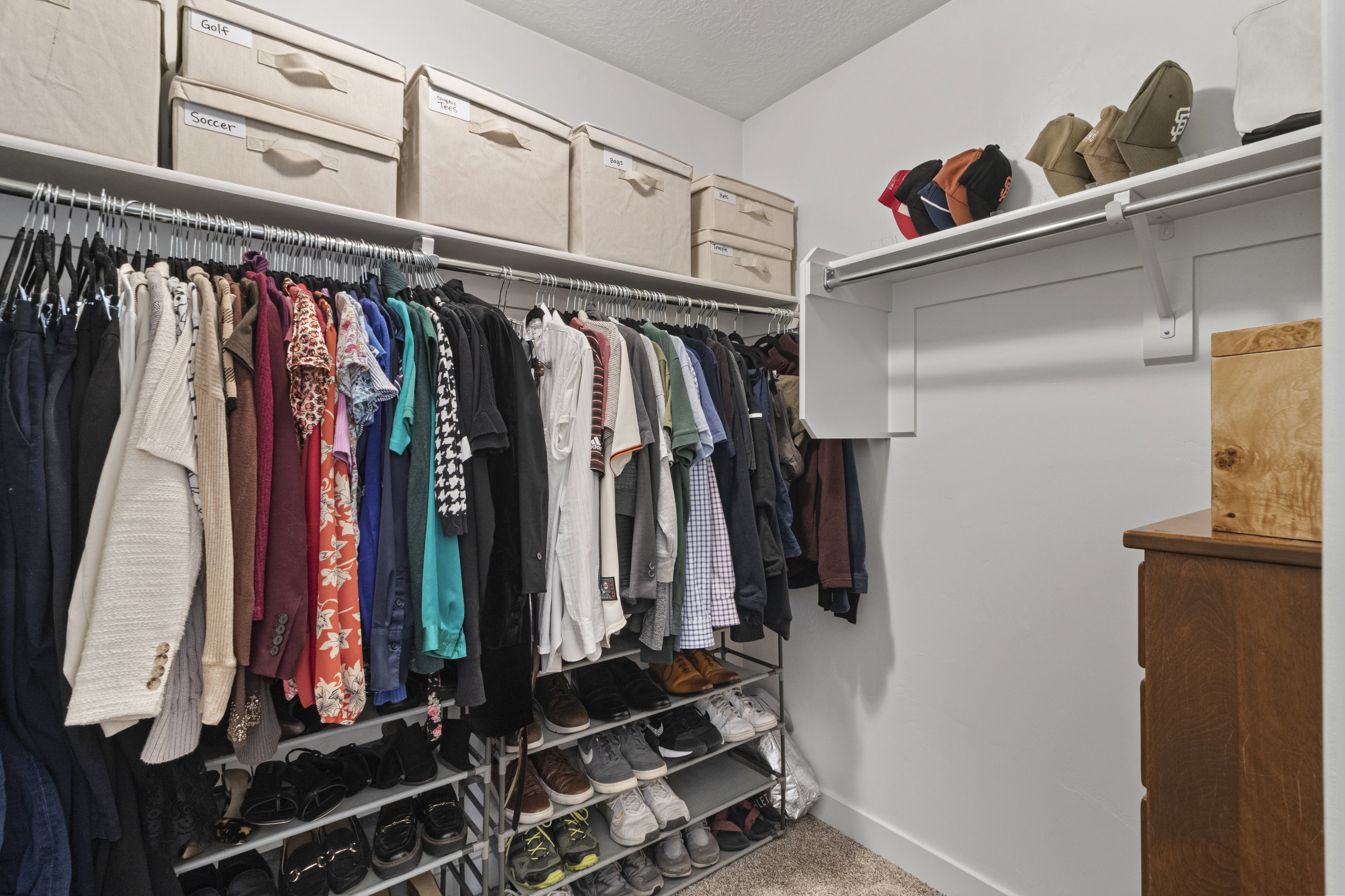 Walk-in closet featuring white shelving, multiple hanging rods, and neutral-toned carpeting