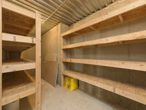 Extensive built-in shelving units in a concrete-walled space, featuring wood-finish shelving and a corrugated metal ceiling