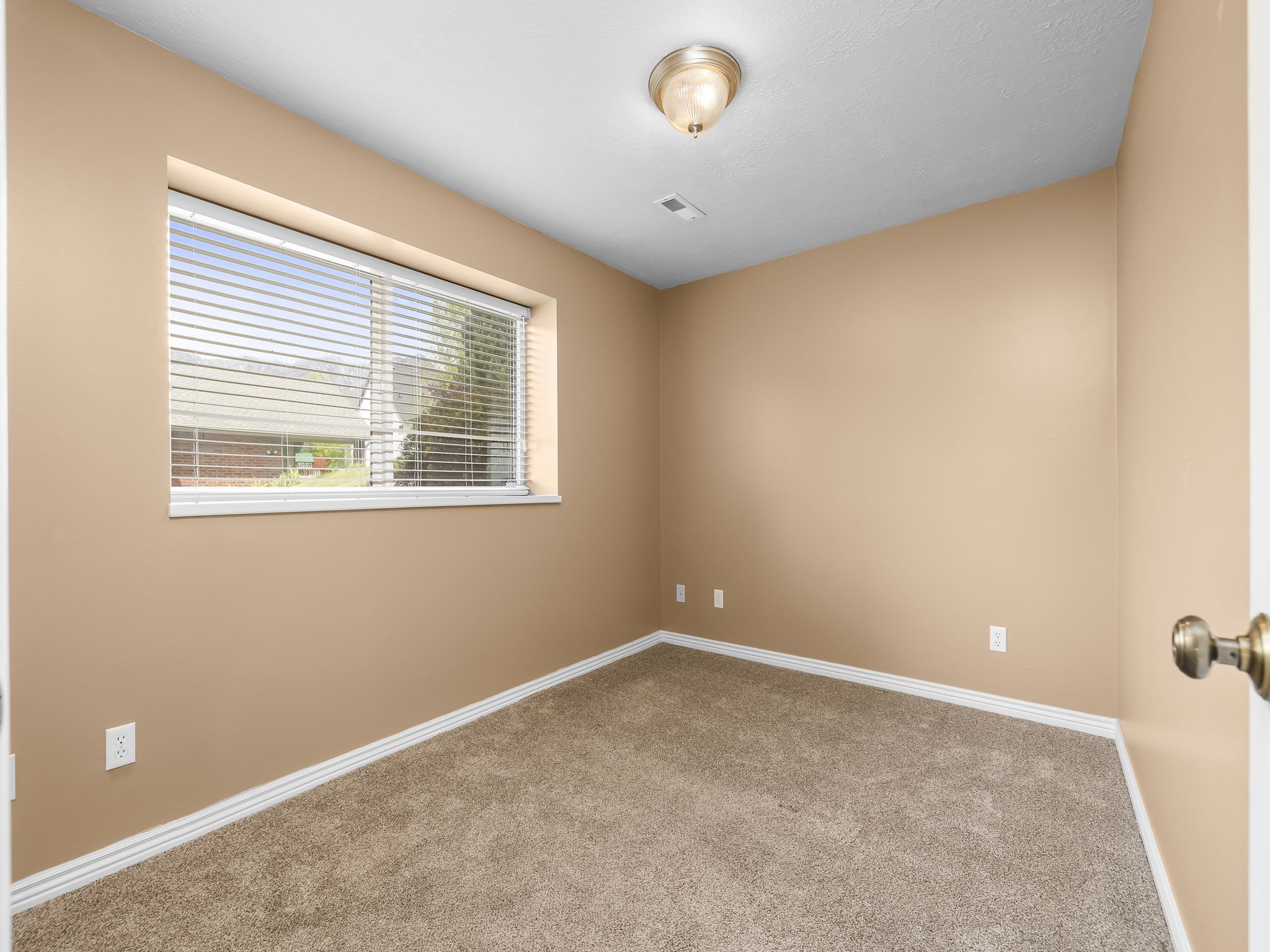 Carpeted room featuring a single window with horizontal blinds, neutral-toned walls, white trim, and a ceiling-mounted light fixture