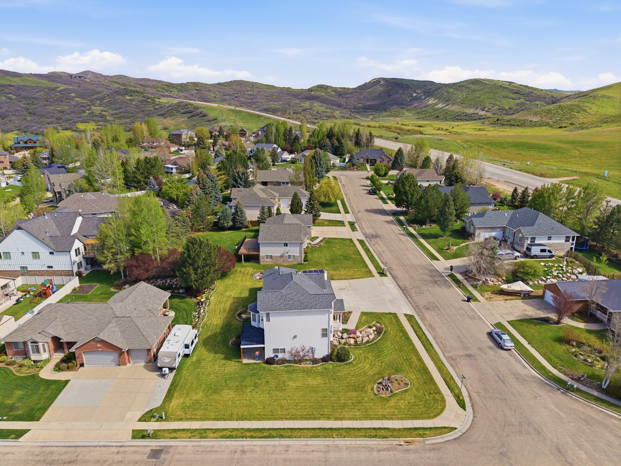 Residential street lined with homes featuring varied architectural styles and mature landscaping