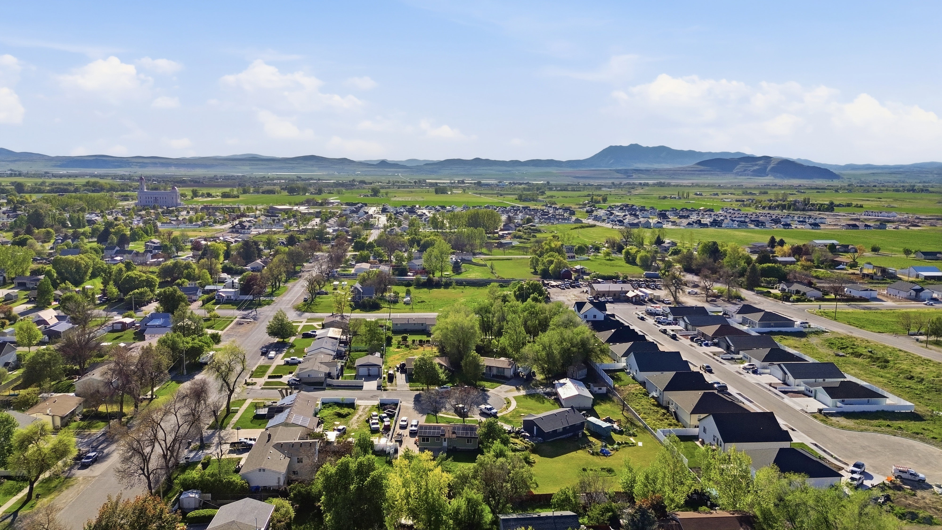 Aerial perspective showcasing a residential area with varied housing styles