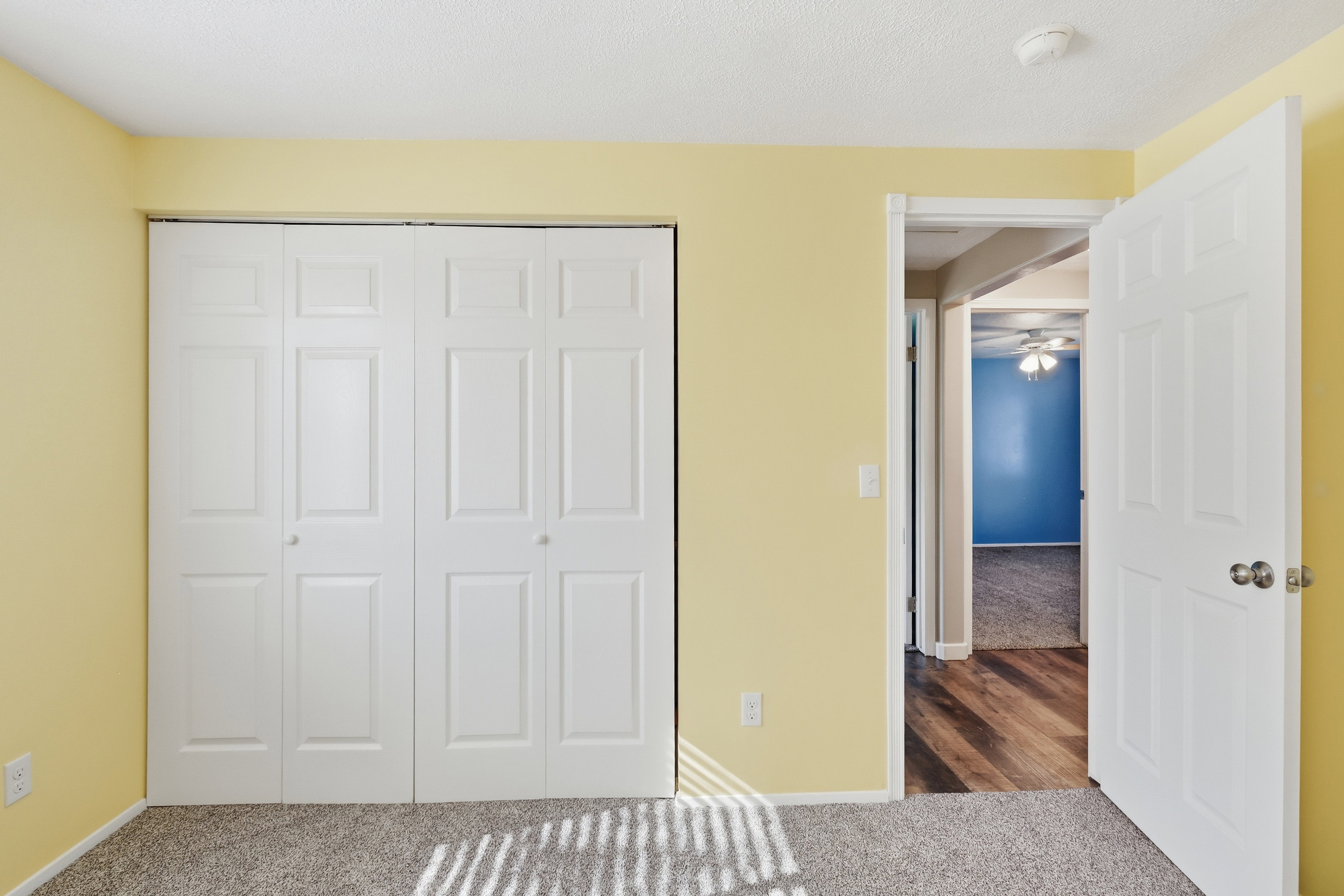 Bedroom featuring light yellow walls, white bi-fold closet doors, and textured gray carpeting