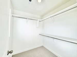 Spacious walk-in closet featuring light-colored carpeting, white walls, and built-in shelving with hanging rods