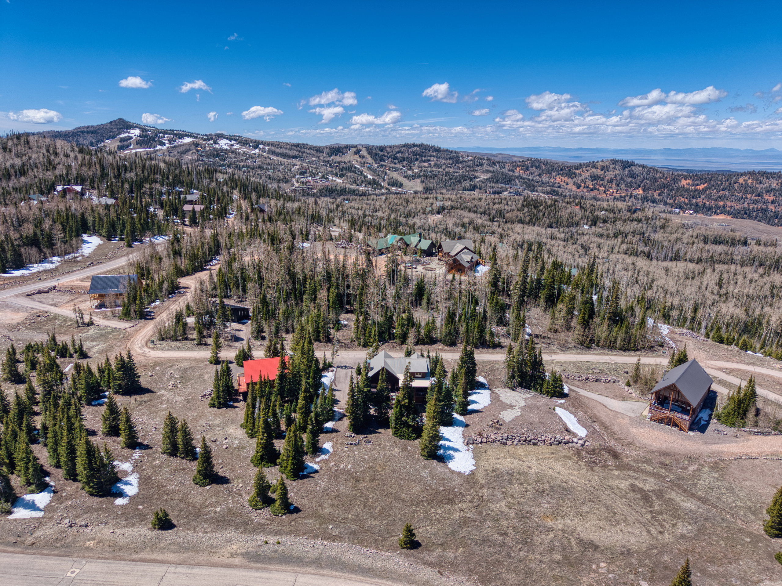 Mountainous terrain featuring scattered evergreen trees and distant ski slopes