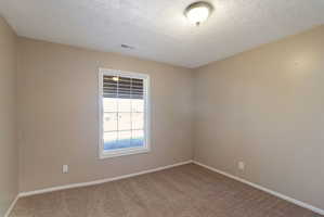 Room featuring neutral-toned carpet, a window with horizontal blinds, and a flush-mount ceiling light