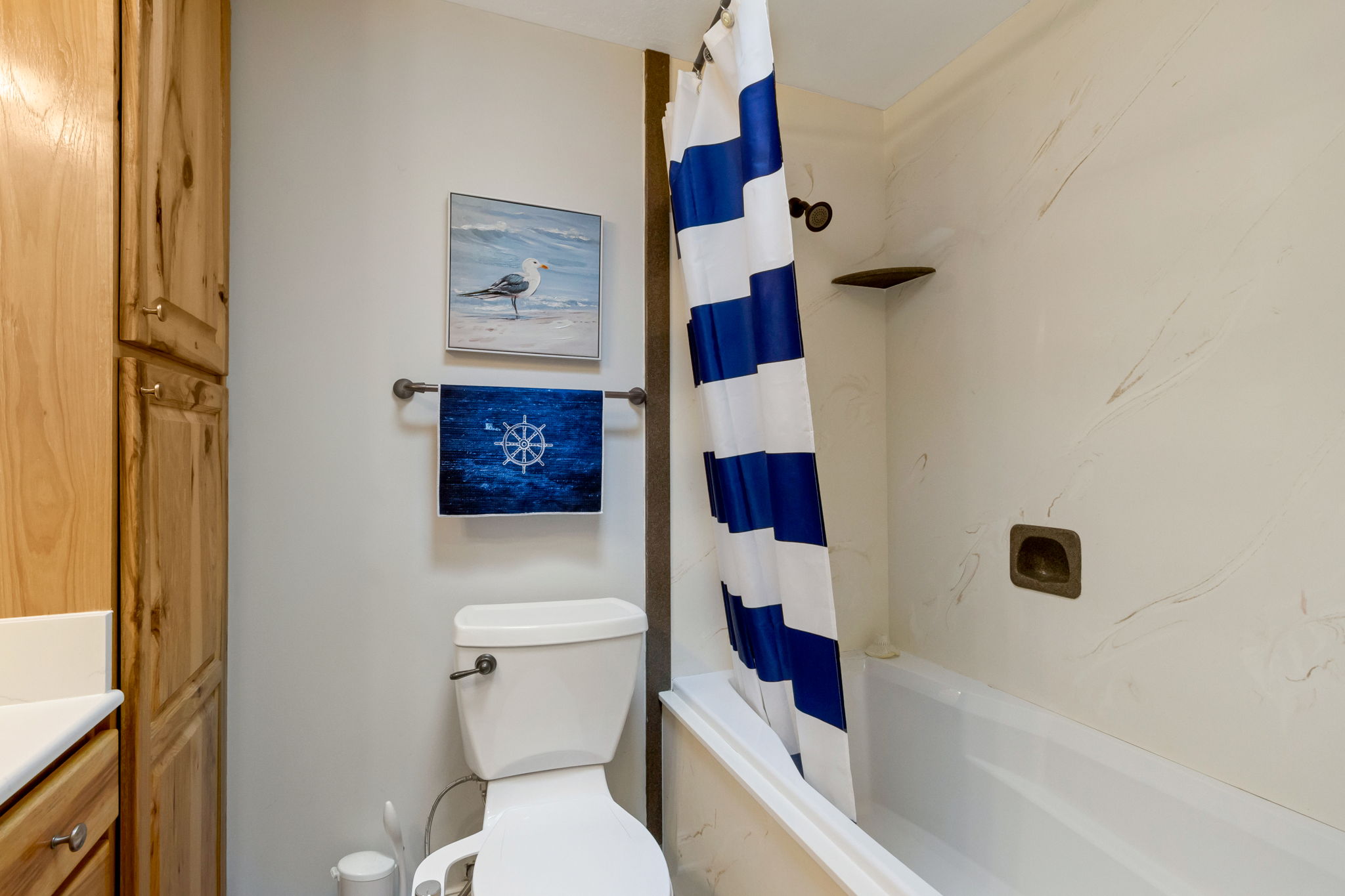 Full bathroom featuring a white bathtub/shower combination with a single shower head, a standard white toilet, and light wood-finish cabinetry