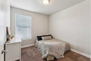 Carpeted room featuring light neutral wall paint, a single window with blinds, and a flush-mount ceiling light fixture