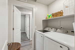 Dedicated laundry space featuring a built-in shelf, light gray walls, and wood-finish flooring