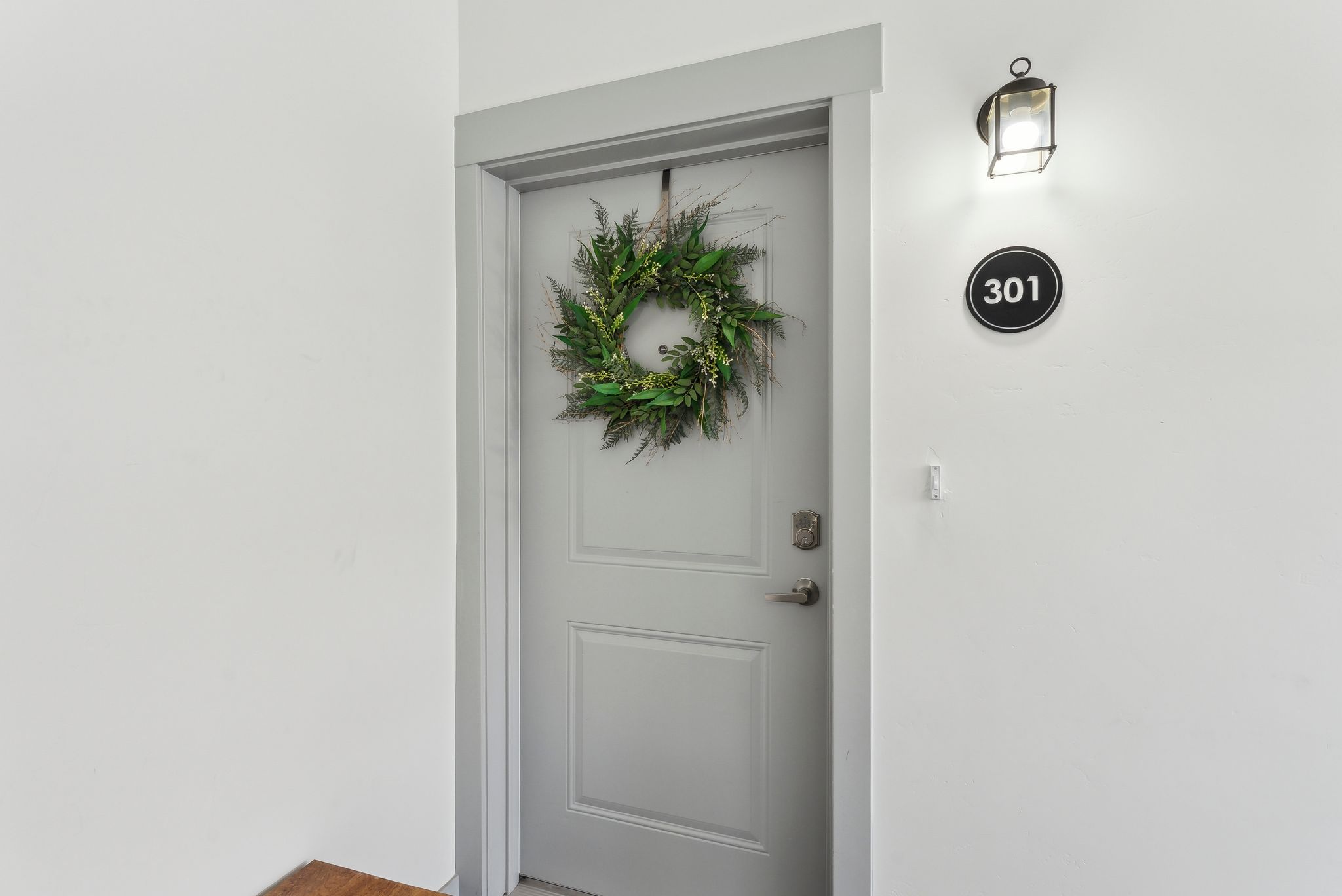 White painted door with decorative paneling and brushed nickel hardware