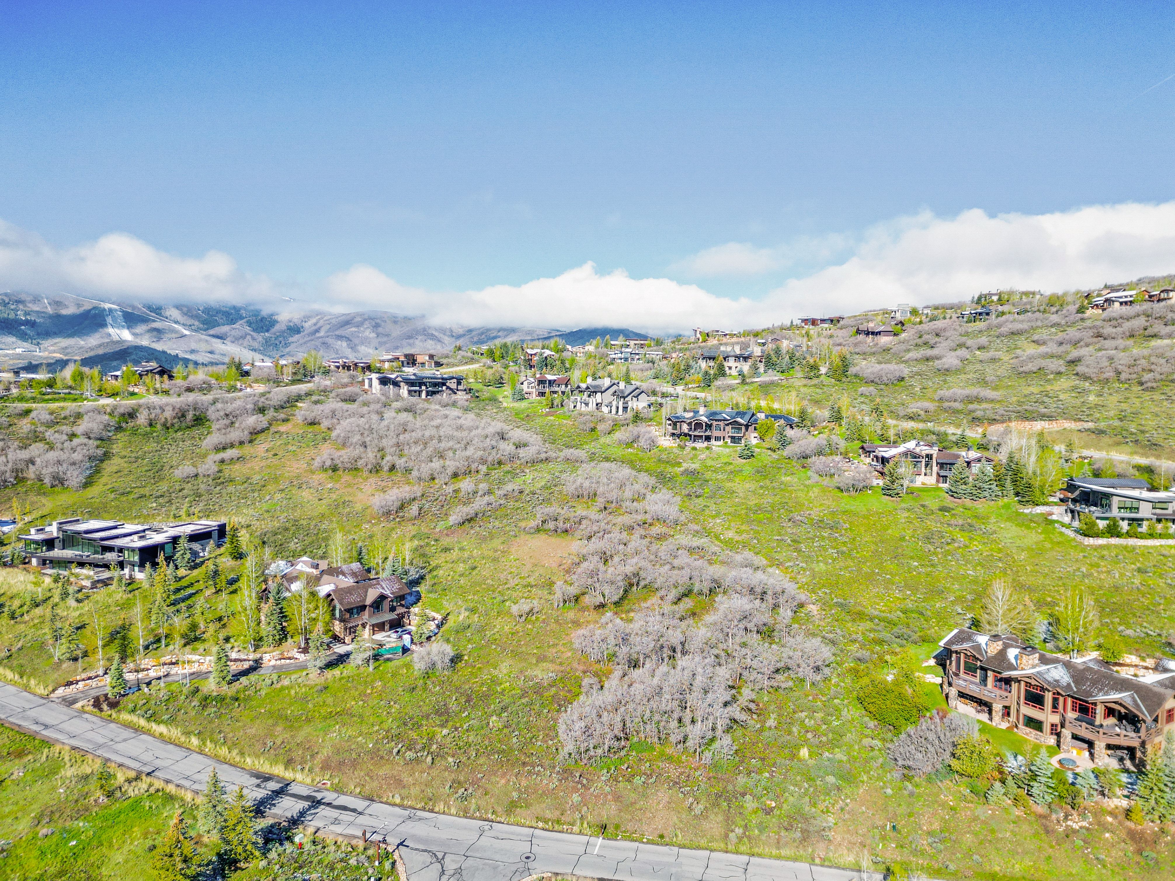 Expansive hillside property featuring multiple residential structures, winding paved roads, and extensive natural landscaping