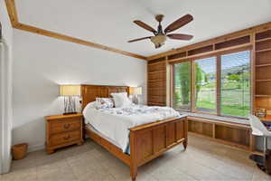 Expansive window featuring integrated wood-finish shelving and a window seat