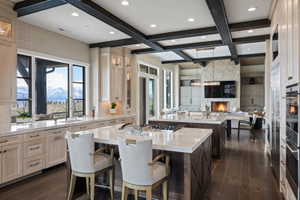 Gourmet kitchen featuring a large central island with a gas cooktop, light-toned cabinetry, and integrated appliances