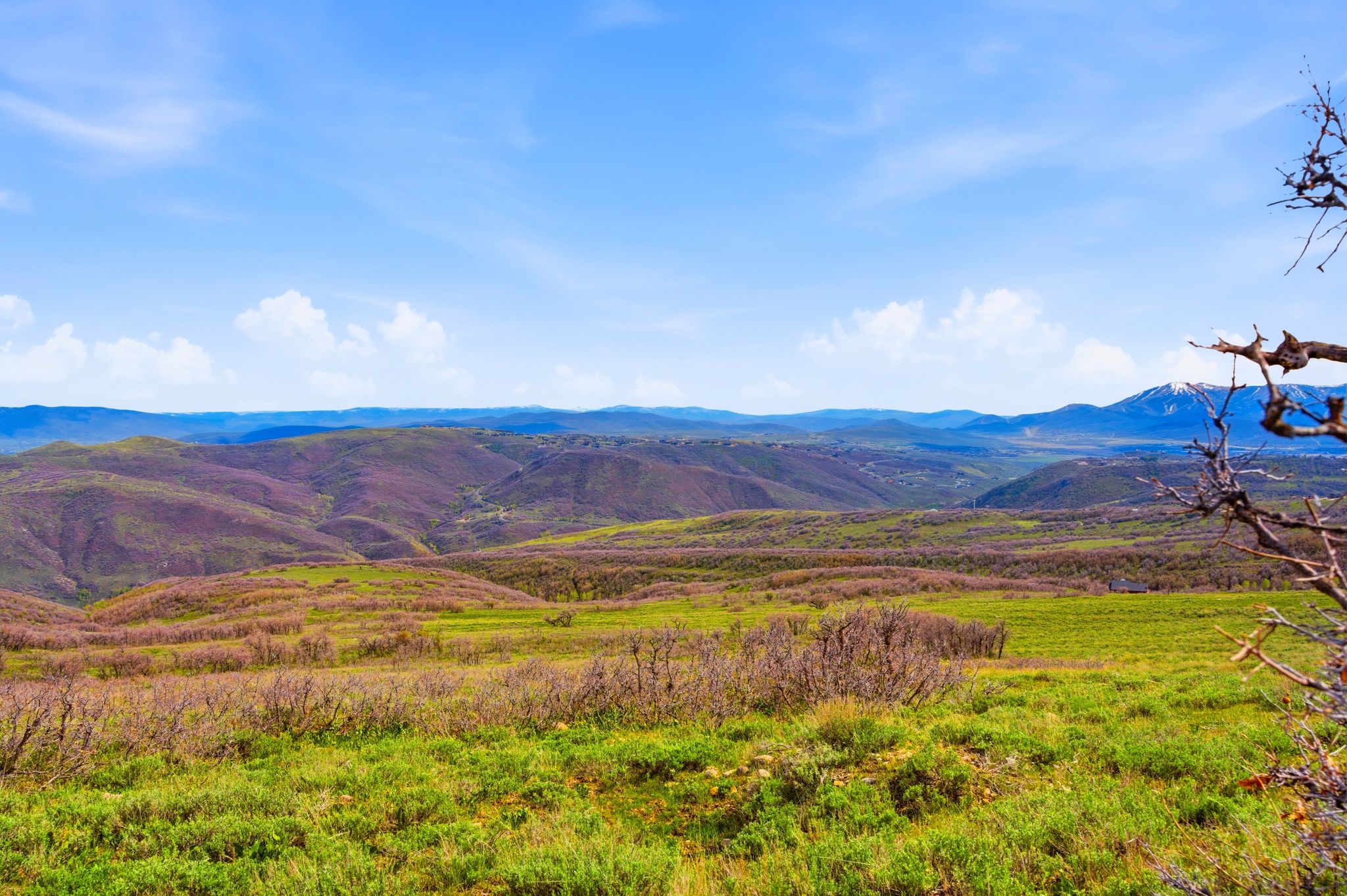 Rolling hills and distant mountains under a clear blue sky
