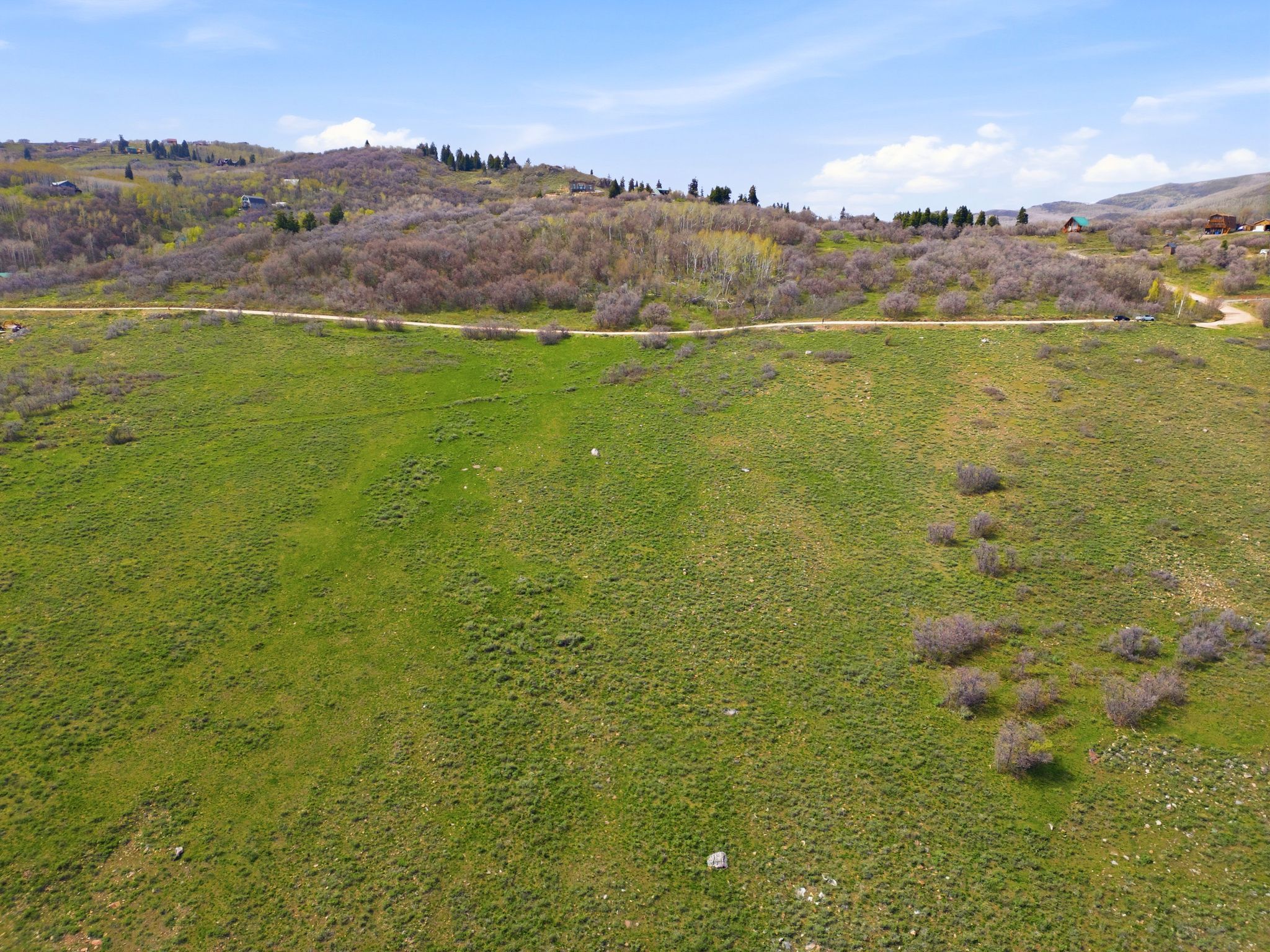 Expansive hillside property featuring a verdant landscape, a visible unpaved road, scattered low-lying shrubs, and distant structures on a neighboring hill