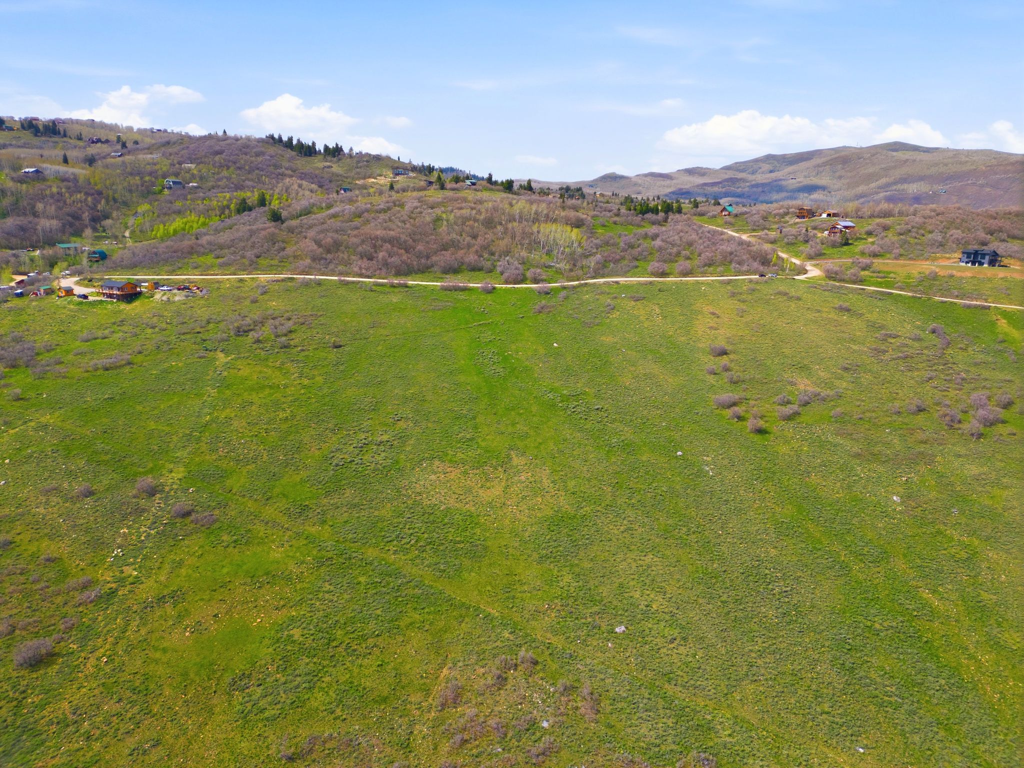 Expansive green landscape featuring varied terrain and a partial dirt road