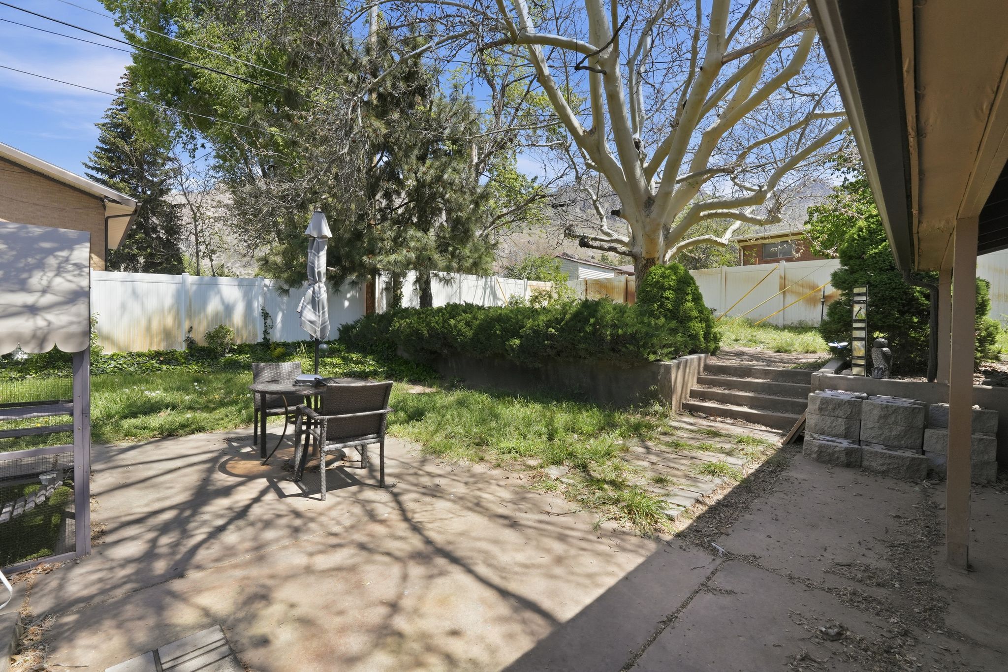 Expansive backyard featuring a concrete patio, a tiered retaining wall, concrete steps, and mature trees