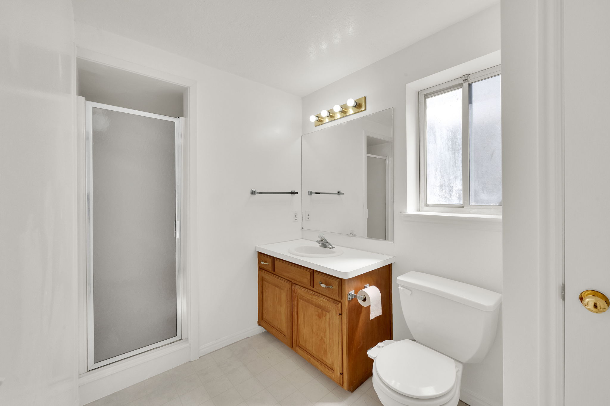 Bathroom featuring a walk-in shower with frosted glass door, light wood-finish vanity with white countertop, and a window with frosted glass