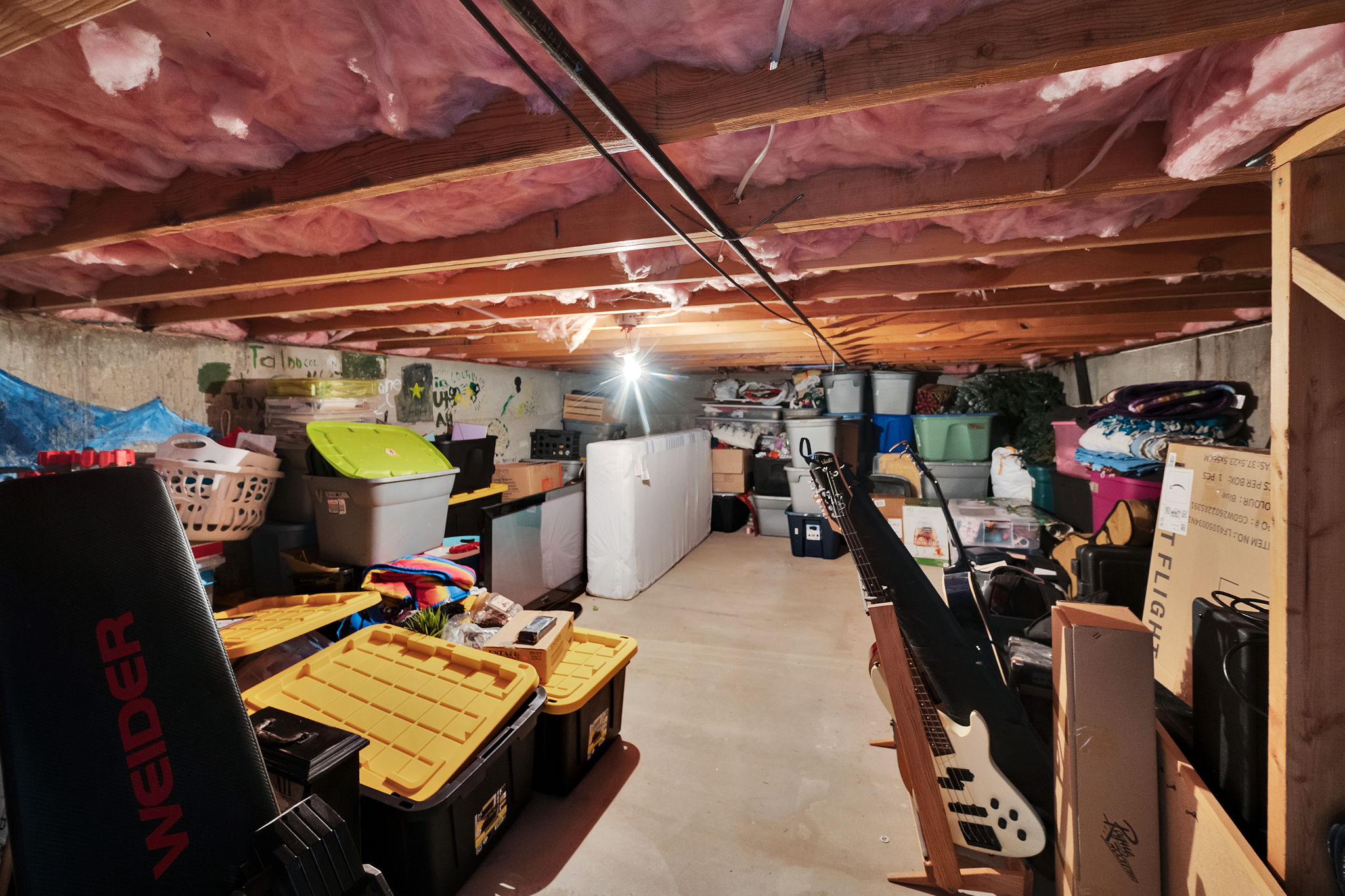 Unfinished basement space with exposed wood joists and insulation