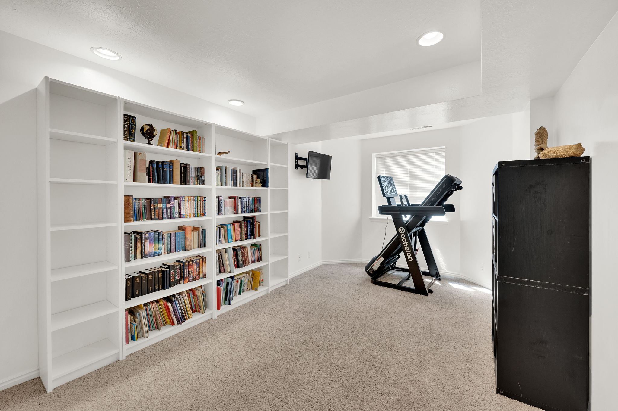 Spacious room featuring extensive built-in white shelving, recessed lighting, and carpet flooring