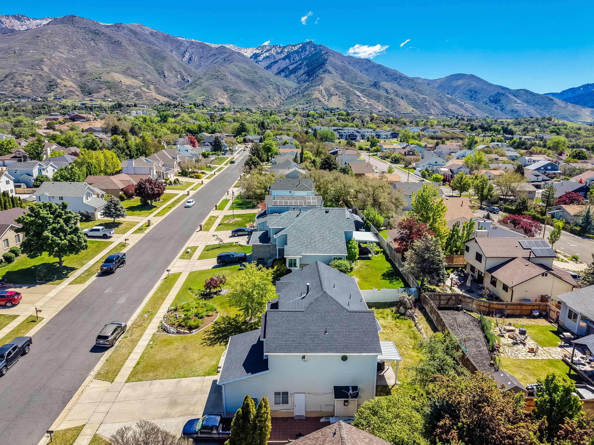 Residential neighborhood with paved streets and sidewalks, featuring mature trees and landscaped front yards