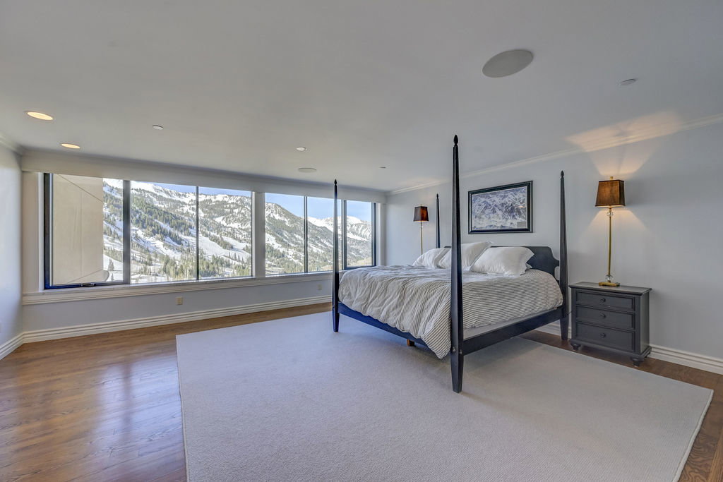 Expansive windows offering mountain scenery