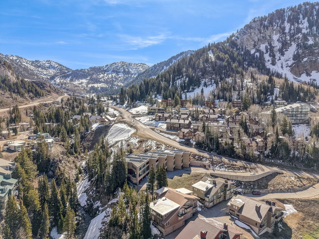 Mountain community setting featuring a collection of properties amidst a forested, snow-dusted landscape