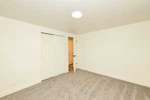 Spacious room featuring neutral carpeting, light cream walls, white trim, a flush-mount ceiling light, and a bi-fold closet door