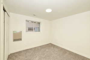 Interior space featuring light gray carpet, white walls, and a white ceiling with flush-mount lighting