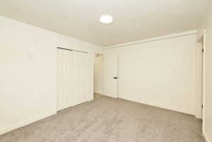 Room featuring neutral-toned walls, grey carpet flooring, and a flush-mount ceiling light fixture