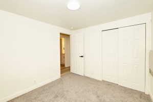 Neutral tone carpeted room with white walls, a white ceiling, and a flush mount ceiling light