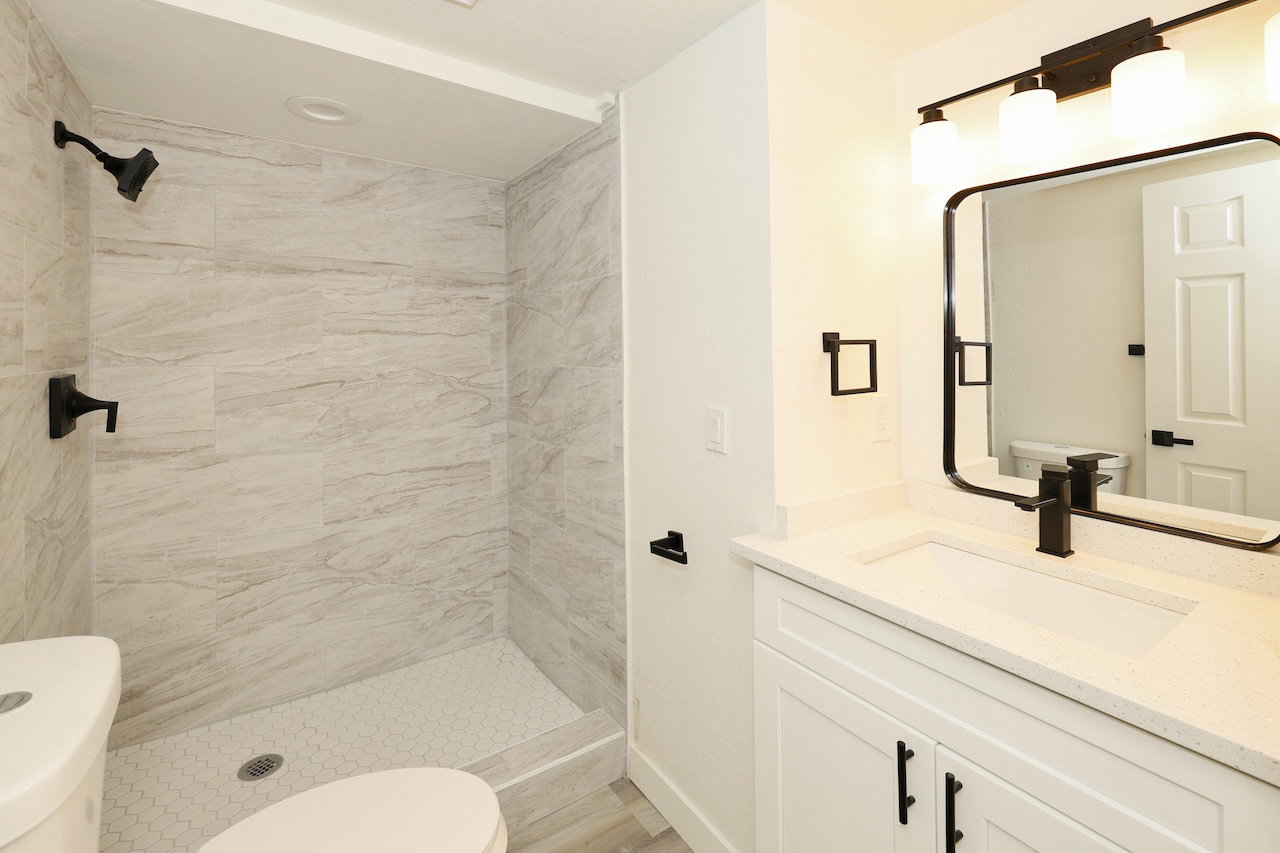 Walk-in shower with large format tile surround and hexagonal floor tiles