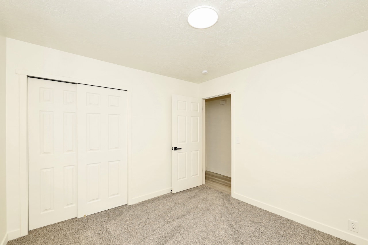 Neutral wall paint and grey carpet flooring