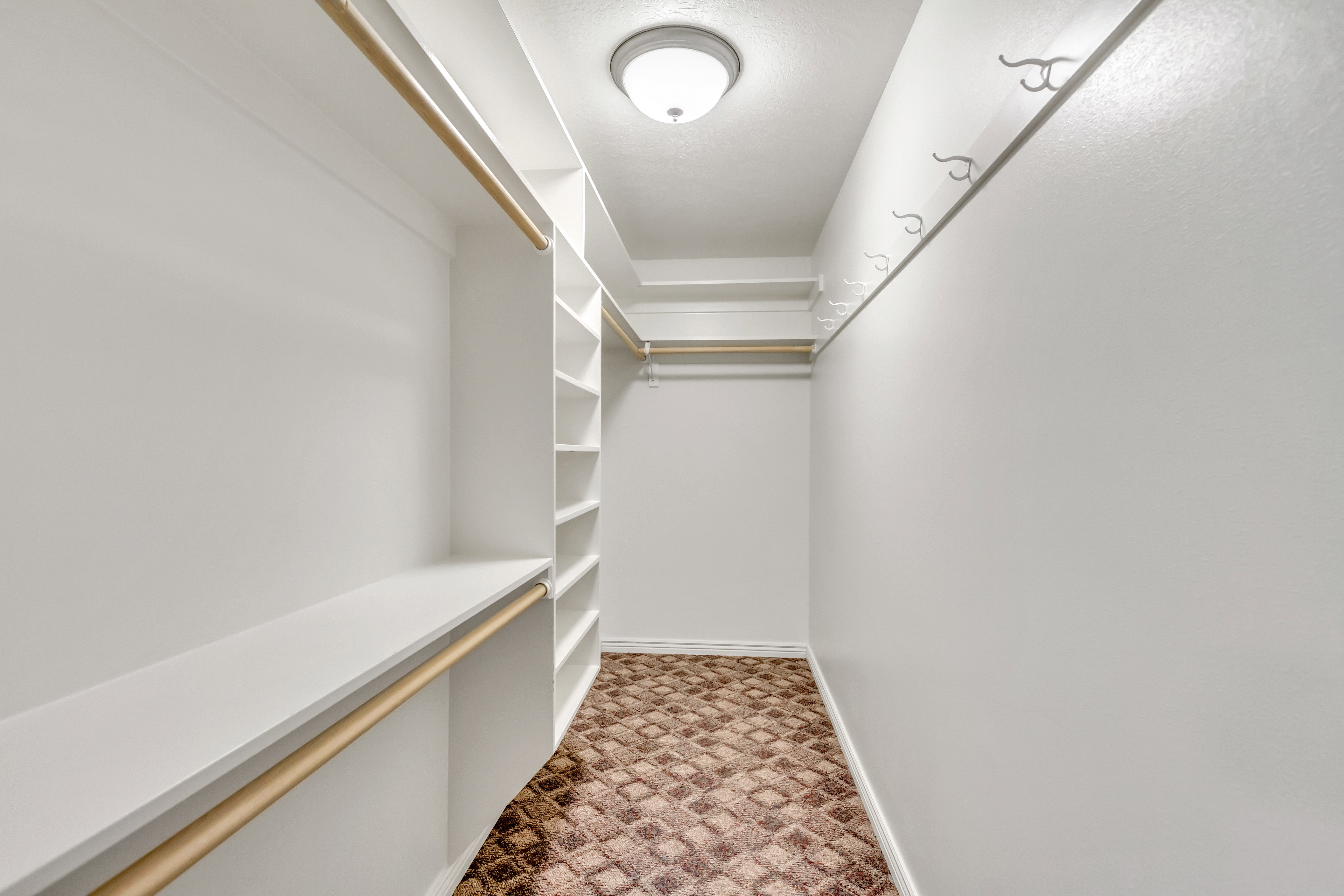 Walk-in closet featuring built-in shelving, hanging rods, coat hooks, a flush-mount light fixture, and patterned carpet