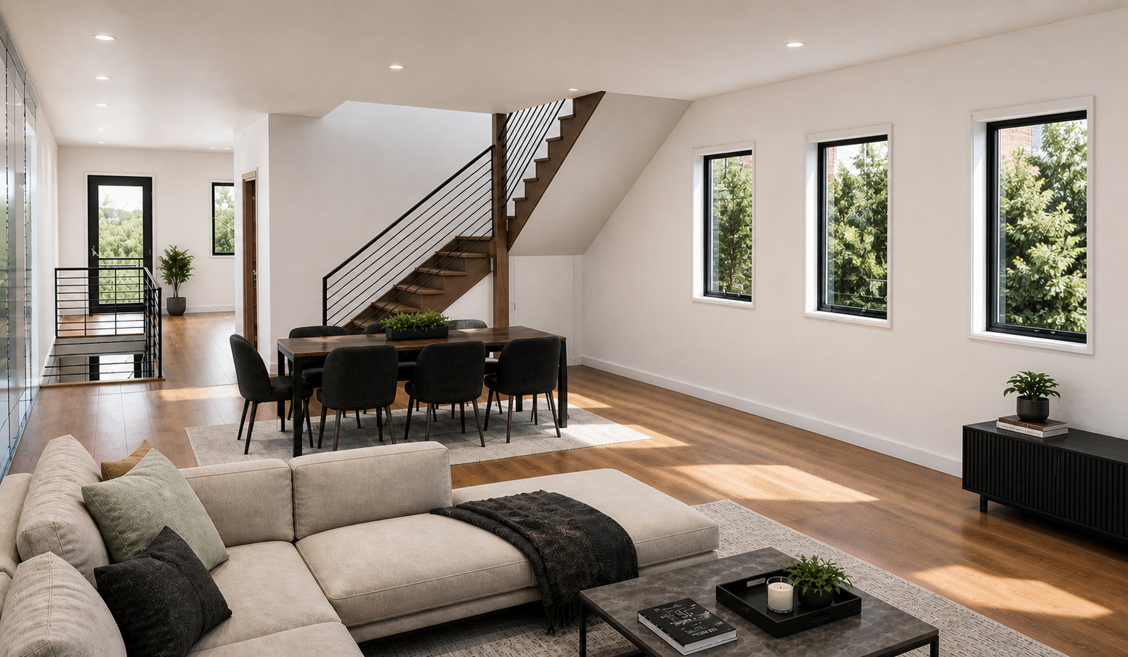 Open-concept living area featuring wood-finish flooring and recessed lighting