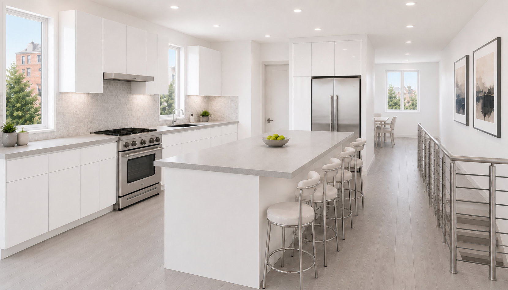 Sleek kitchen featuring white flat-panel cabinetry, light-toned countertops, and a full suite of stainless steel appliances