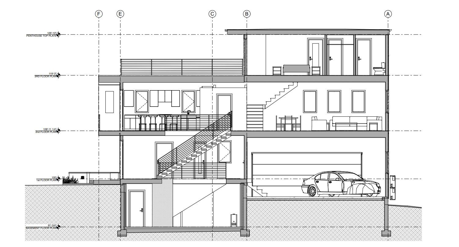 Architectural Drawing, Section View. Illustrating the vertical configuration and internal divisions of the property