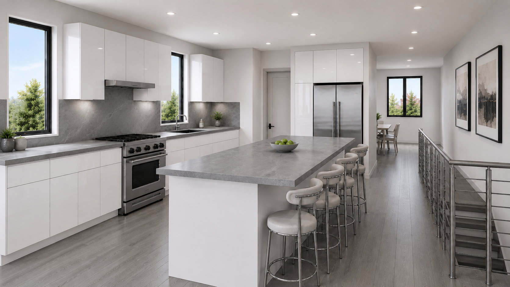 Contemporary kitchen featuring white flat-panel cabinetry, a stainless steel range with matching hood, and an expansive island with a stone-finish countertop